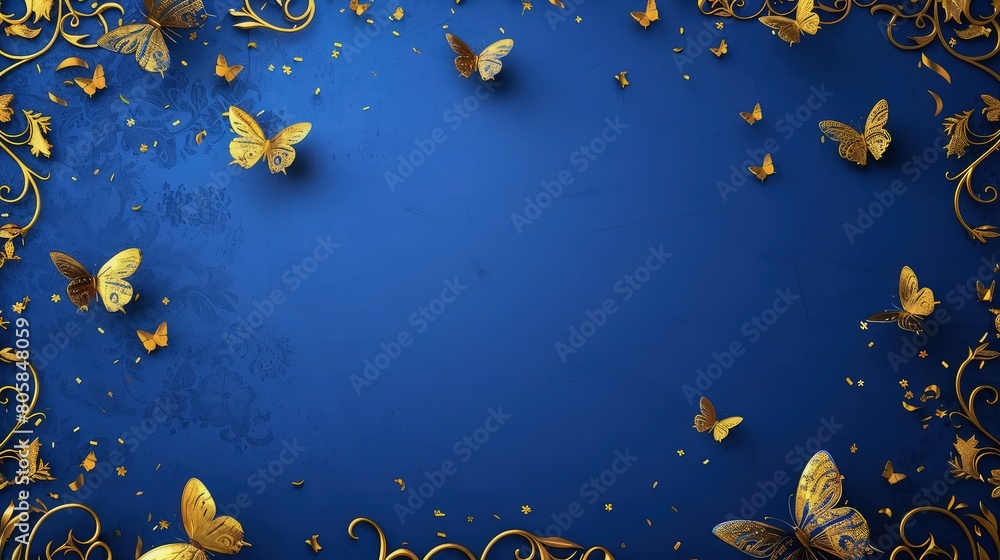 A regal royal blue background with golden flower and butterflies  border on it 