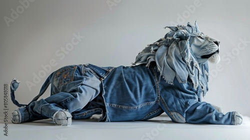 Jeans in the shape of a lion. An animal made from denim on white background.