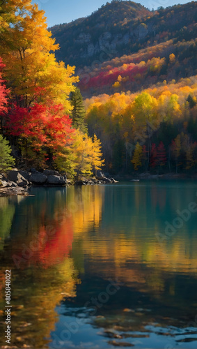 Colorful Retreat  Vibrant Autumn Foliage Surrounds a Tranquil Lake in a Picturesque Landscape.
