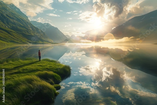 The setting sun bathes a mountainous landscape and a lone figure beside a reflective lake in warm, golden light photo