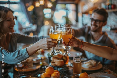 A group of friends sharing a celebratory toast with glasses of wine in a cozy  atmospheric bar setting