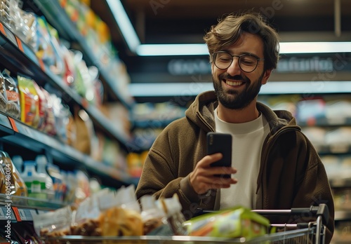 A cheerful man with glasses uses his phone while shopping in a grocery store, standing by a cart with items photo