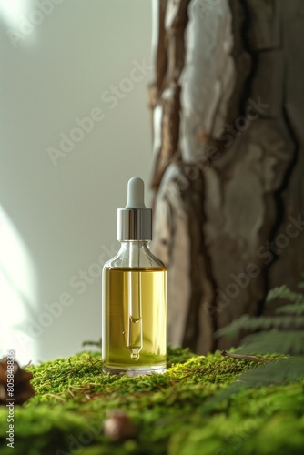 Clear Dropper Bottle with Oil on Mossy Surface