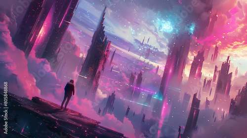 Sci-fi cityscape concept art: Crystal skyscrapers float amid pink clouds. Purple light illuminates. Attractive man gazes at distant planet in fantasy style. Vibrant colors abound photo