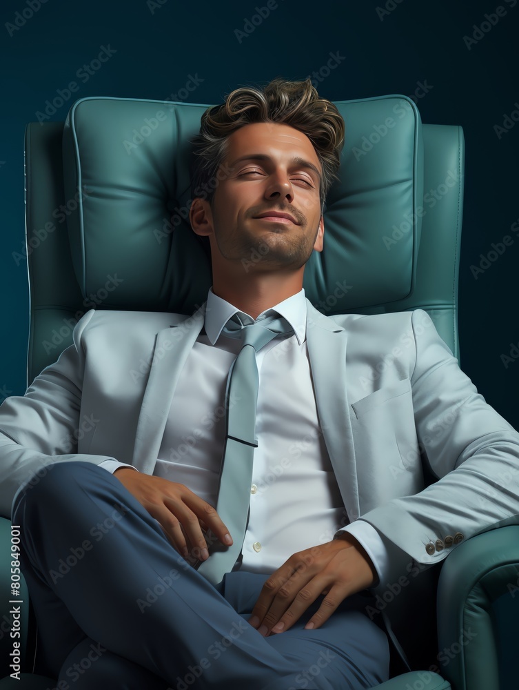 A content businessman lounging in a chair, hands behind head, plain pastel blue background A content businessman lounging in a chair, hands behind head, plain pastel blue background