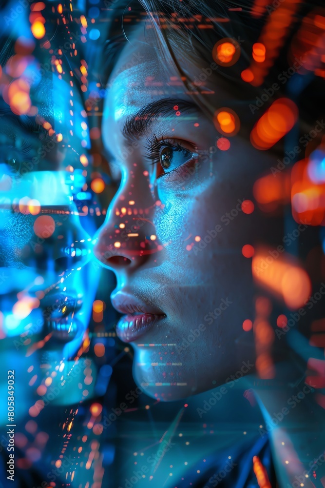 A beautiful woman's face, half of her face is covered with a digital pattern. A beautiful woman's face, half of her face is covered with a digital pattern.