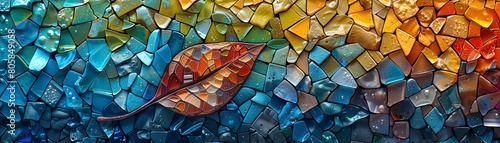 A digital art piece featuring a leaf composed of tiny recycled plastic pieces in a mosaic style photo