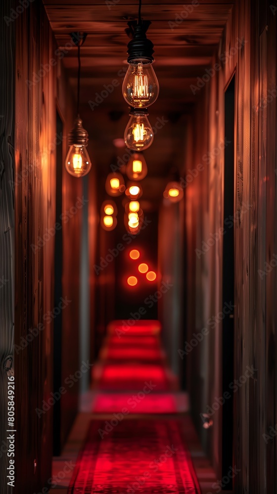 A haunting image of a dimly lit corridor with light bulbs that must be touched in the correct order to reveal a password