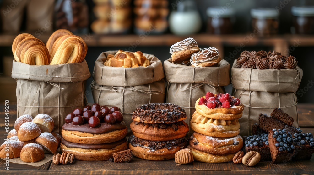 Small bakery packaging freshly baked goods for delivery, delicious and inviting, photorealistic