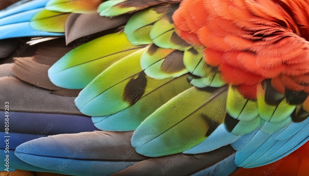 Close-up of vibrant, multi-colored parrot feathers showcasing natural texture Close-up of vibrant, multi-colored parrot feathers showcasing natural texture