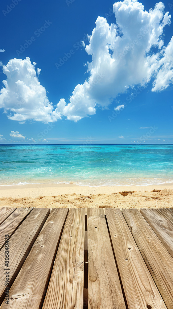 A beautiful beach scene with a wooden boardwalk and a blue ocean