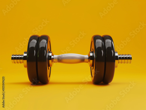Fitness dumbbell in gym, on clean orange background