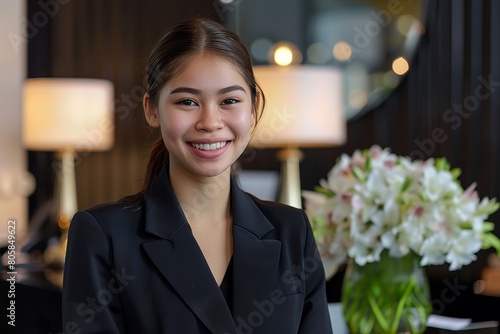 A professional young woman in a black blazer smiles confidently in a well-lit office setting