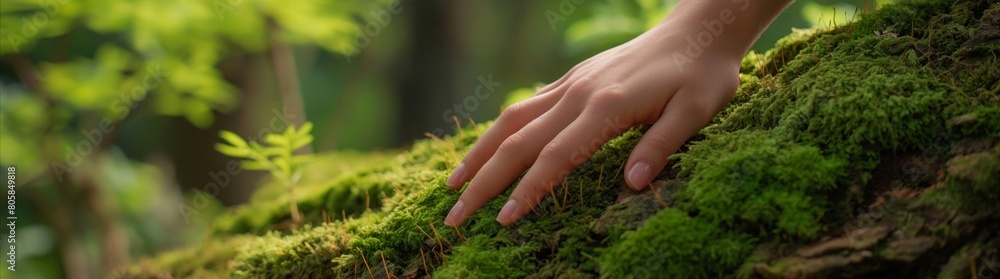 Hand Touching Moss-Covered Tree Trunk in Forest Hand Touching Moss-Covered Tree Trunk in Forest