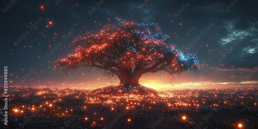 Obraz premium The ancient oak tree at dawn, adorned with red, white, and blue lights, joyously commemorates Juneteenth.