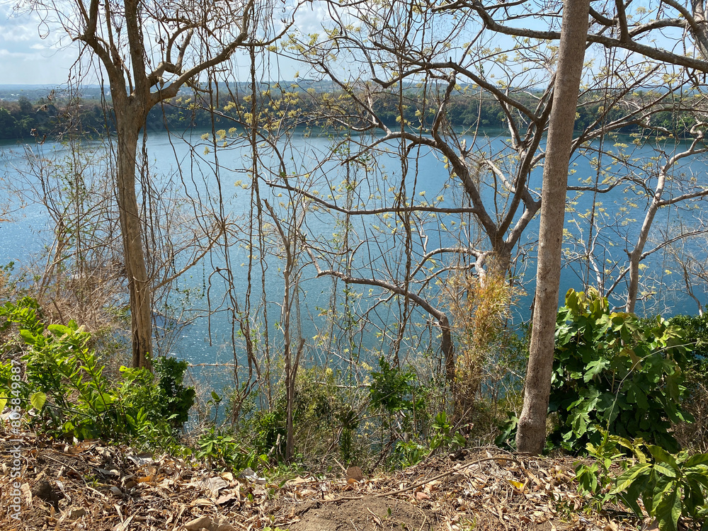 The view of a secluded lake below is obstructed by trees. The view of a secluded lake below is obstructed by trees.