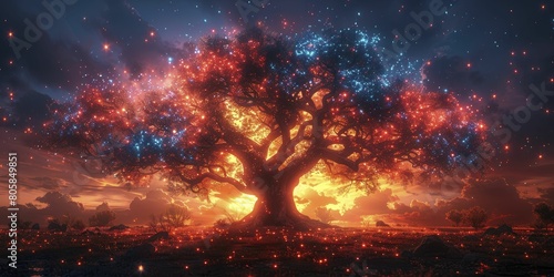 A mystical oak tree at dawn draped in red, white, and blue fairy lights, celebrating Juneteenth. photo