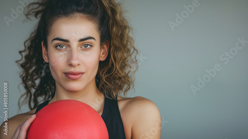 Portrait of beautiful mid adult woman looking at camera while holding heavy medicine ball isolated on grey clean background © Anjum Ilyas