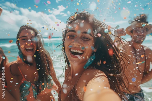 Young woman takes a selfie with friends as they celebrate with confetti at the beach