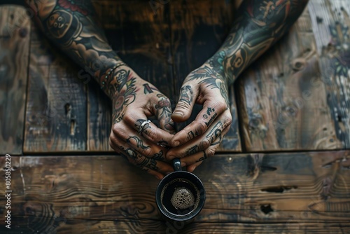 A close-up shot featuring intricately tattooed hands gently clasping a dark ceramic coffee cup, set against a rustic wooden backdrop