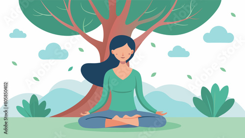 A woman sitting at the base of a tree softly humming a mantra to herself as she practices mindfulness and grounding techniques.. Vector illustration