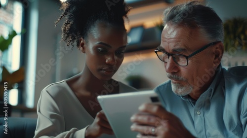 Colleagues collaborating over a tablet photo