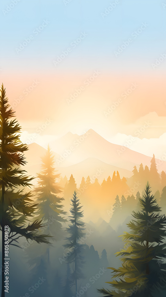 morning sunlight through pine trees, alpine majesty in soft morning hues
