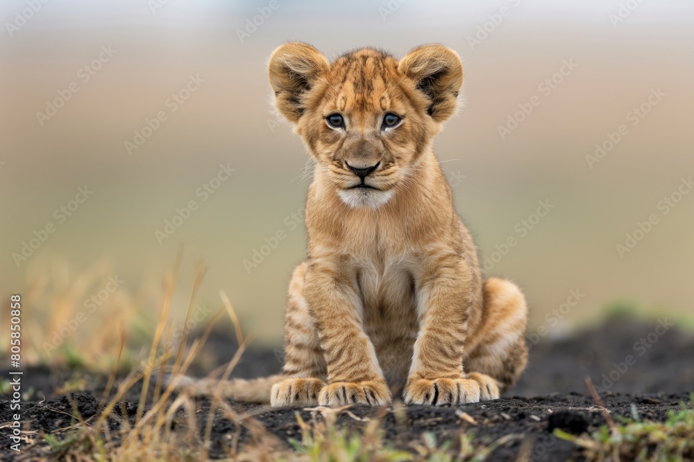 Adorable Lion Cub Sitting on Grassland Adorable Lion Cub Sitting on Grassland