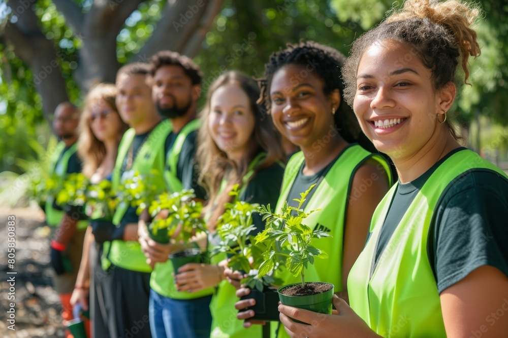Diverse Group of Volunteers Smiling While Planting Trees Diverse Group of Volunteers Smiling While Planting Trees