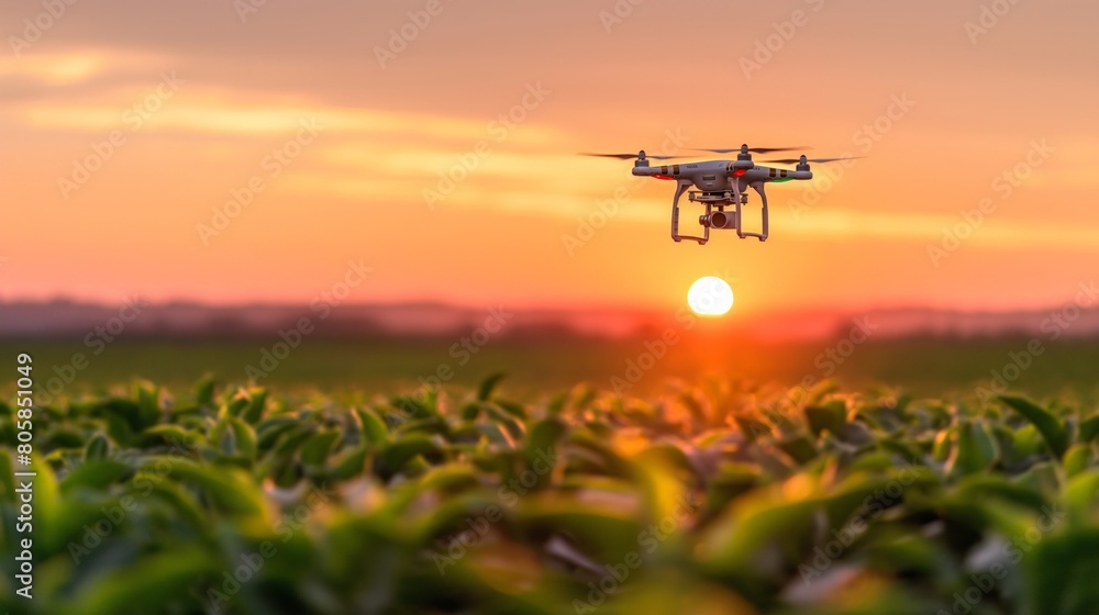 Drone Flying Over Crop Field at Sunset Drone Flying Over Crop Field at Sunset