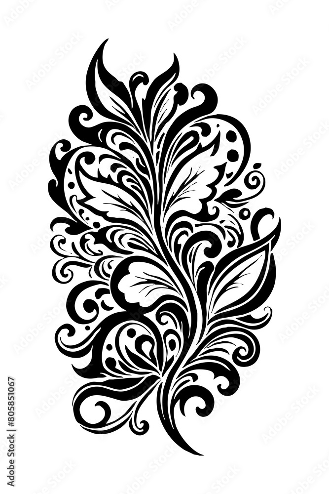 Botanical black and white pattern. For use on tattoos, posters, textiles, T-shirt printing. Generated by Ai