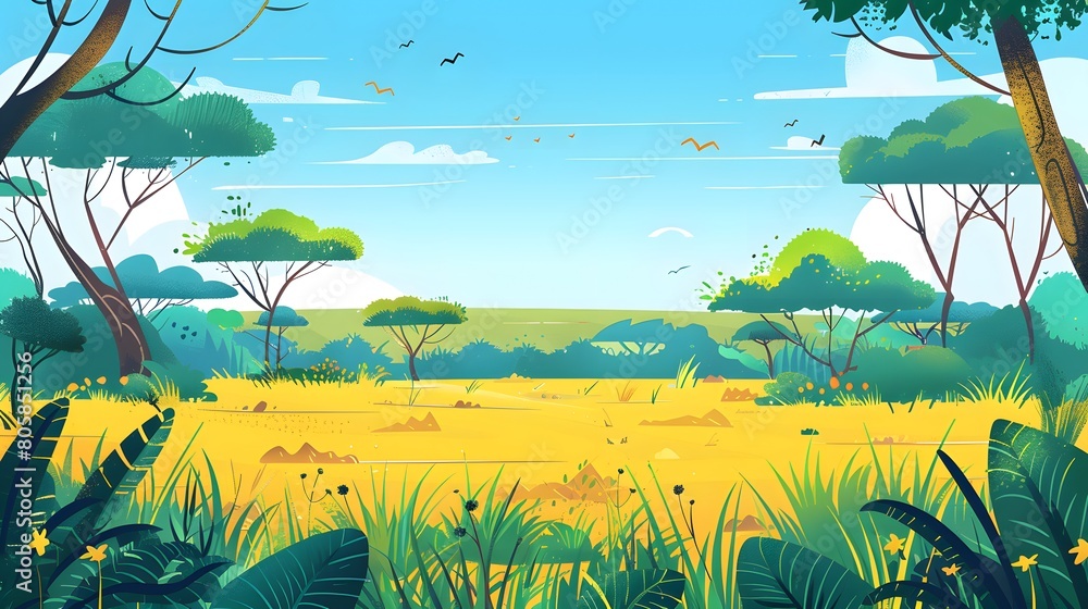 A serene vibrant illustration of a picturesque landscape with lush greenery
