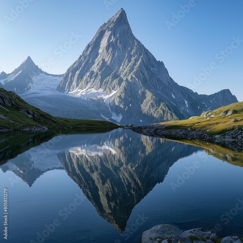 Photo of pointed mountain peak with reflection in lake at Chrawa Mountain in the French Alps © Psychologist