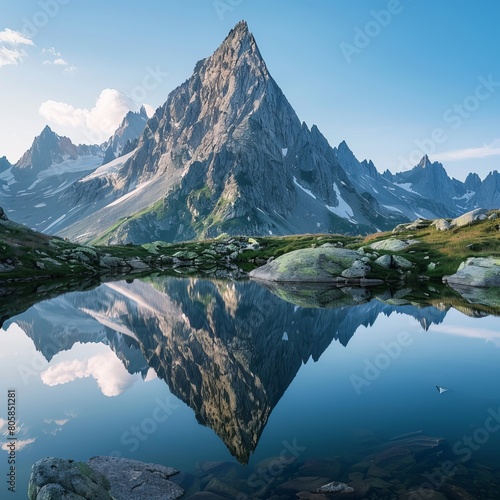 Stunning image featuring a prominent mountain peak and its reflection in the clear waters of a tranquil mountain lake © Psychologist