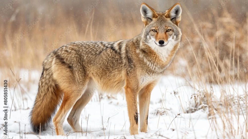 Obraz premium Majestic Coyote in Winter Landscape. Wild coyote standing on snow-covered ground, perfect for wildlife photography, nature conservation themes, and outdoor adventure promotions.