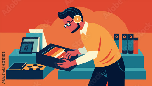 A workshop attendee flips through crates of vinyl records marveling at the unique album artwork and vintage feel. Vector illustration