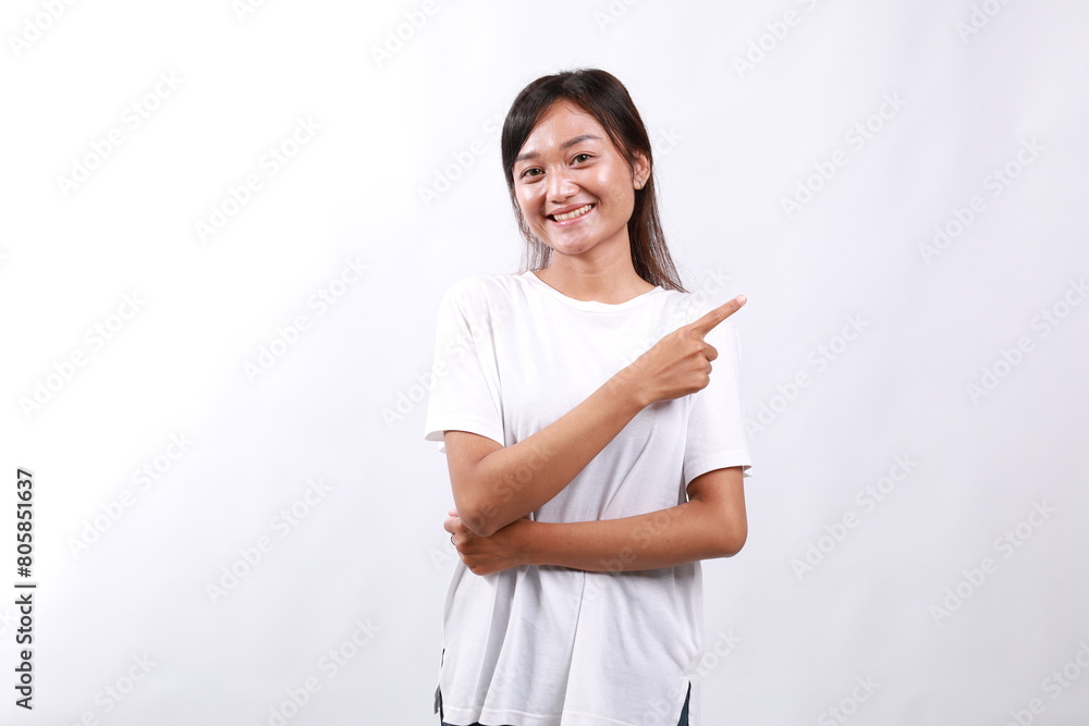 Image of smiling young office lady, asian business entrepreneur pointing fingers right, showing client info, chart of banner aside on copy space, white background.