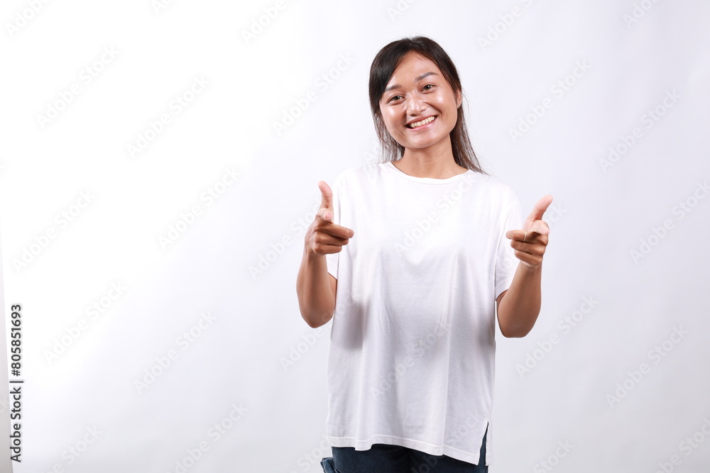 People emotions, lifestyle and fashion concept. Enthusiastic and friendly smiling pretty girl pointing fingers at camera, praising nice job, picking you, complimenting, white background People emotions, lifestyle and fashion concept. Enthusiastic and friendly smiling pretty girl pointing fingers at camera, praising nice job, picking you, complimenting, white background