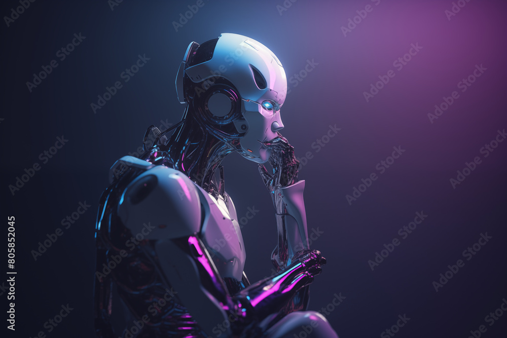 Photo of an AI robot appearing in thought, holding its chin with one hand on a purple and blue gradient background