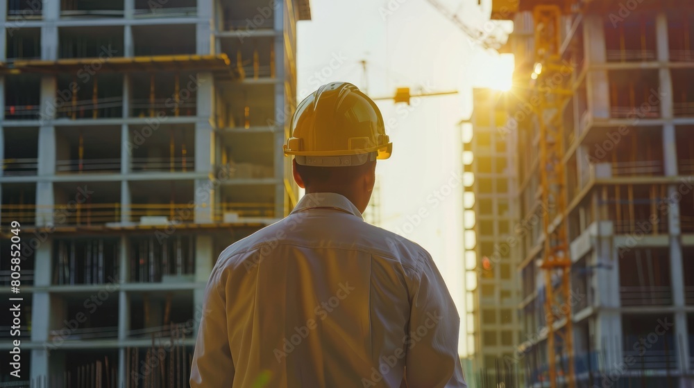 Back view of construction engineer looking at the building in the construction site Back view of construction engineer looking at the building in the construction site