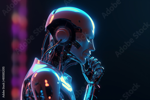 Photo of an AI robot appearing in thought, holding its chin with one hand on a purple and blue gradient background