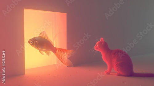 Imaginative 3D render of a fish and a cat positioned as if communicating, set in a minimalist style room with soft lighting to enhance the fantasy element photo