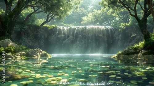Serene Waterfall in Enchanting Forest with Lush Moss  Generative AI
