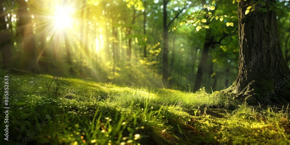 A bright sunny day in a forest with a tree in the foreground A bright sunny day in a forest with a tree in the foreground
