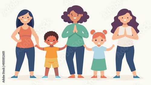 A group of mothers and children holding hands as they flow through a series of sun salutations their faces radiant with peacefulness.. Vector illustration