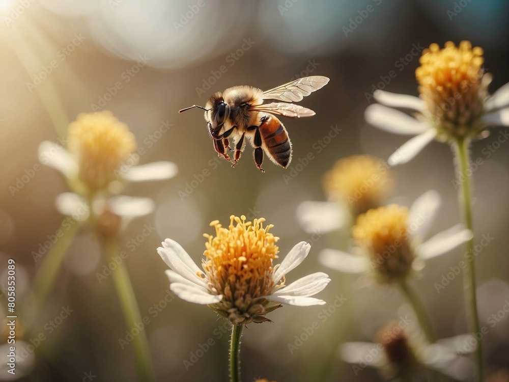 Bee and flowers in the garden on a sunny day, macro image of flying bee Bee and flowers in the garden on a sunny day, macro image of flying bee
