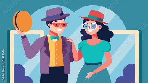 A young couple giggling as they try on silly vintage hats and glasses taking turns in front of a fulllength mirror..
