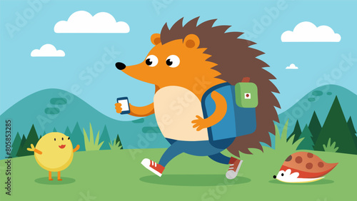 An adventurous hedgehog out in the field with its owner its fitness tracker recording every step it takes on its afternoon excursion.. Vector illustration