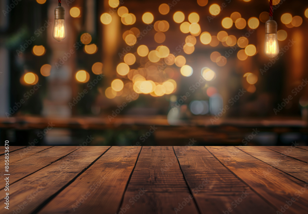 A wooden table with a lighted bulb hanging above it. The lighted bulb is creating a warm and cozy atmosphere A wooden table with a lighted bulb hanging above it. The lighted bulb is creating a warm and cozy atmosphere