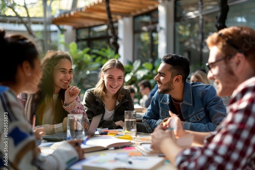 Happy group of friends studying and talking together at university, Generative AI